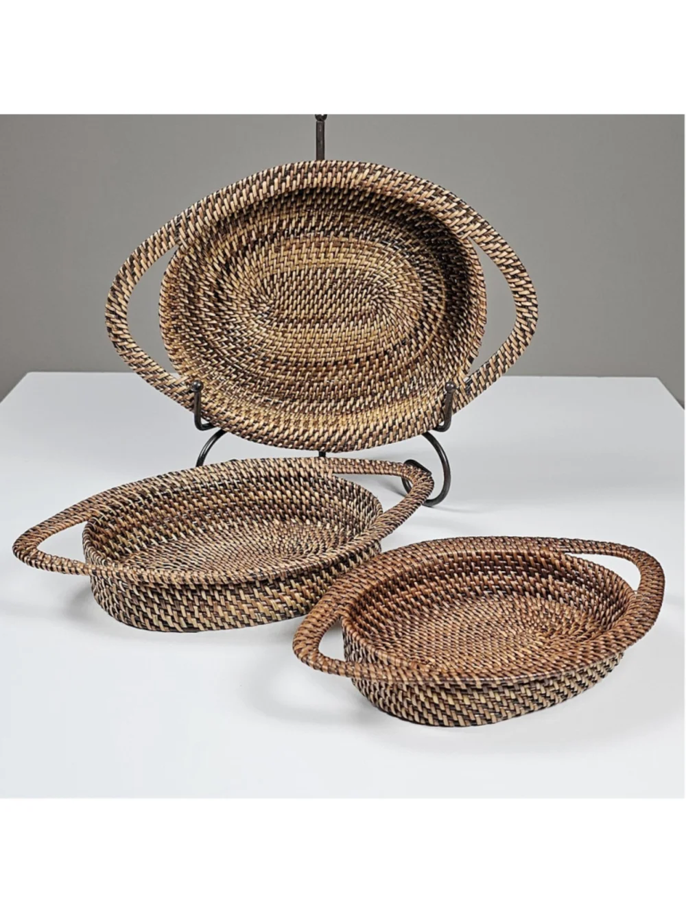 3 Tier Handwoven Rattan Basket Display Stand Tower Tabletop Kitchen Tray 11”